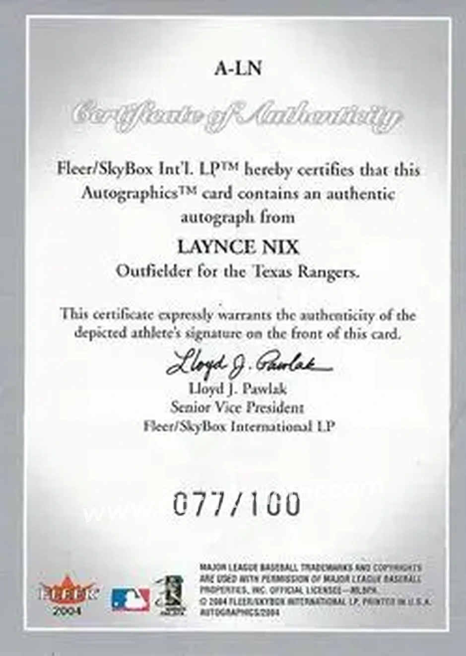2004 SkyBox Autographics - Autographs Silver #A-LN - Laynce Nix - Texas Rangers - Back