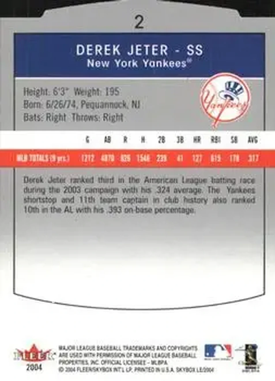 2004 SkyBox LE #2 - Derek Jeter - New York Yankees - Back 2004 SkyBox LE #2 - Derek Jeter - New York Yankees - Back