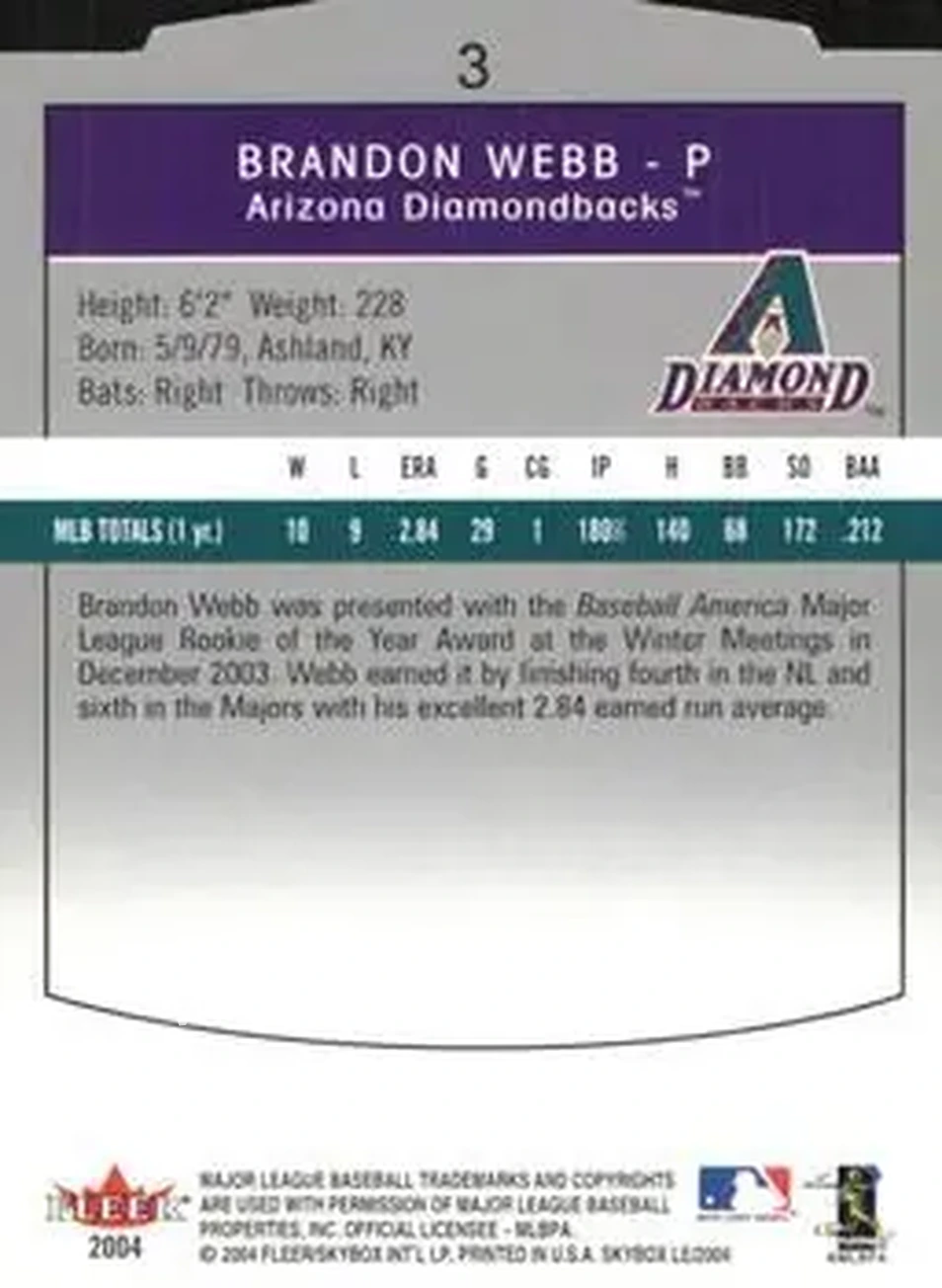 2004 SkyBox LE #3 - Brandon Webb - Arizona Diamondbacks - Back