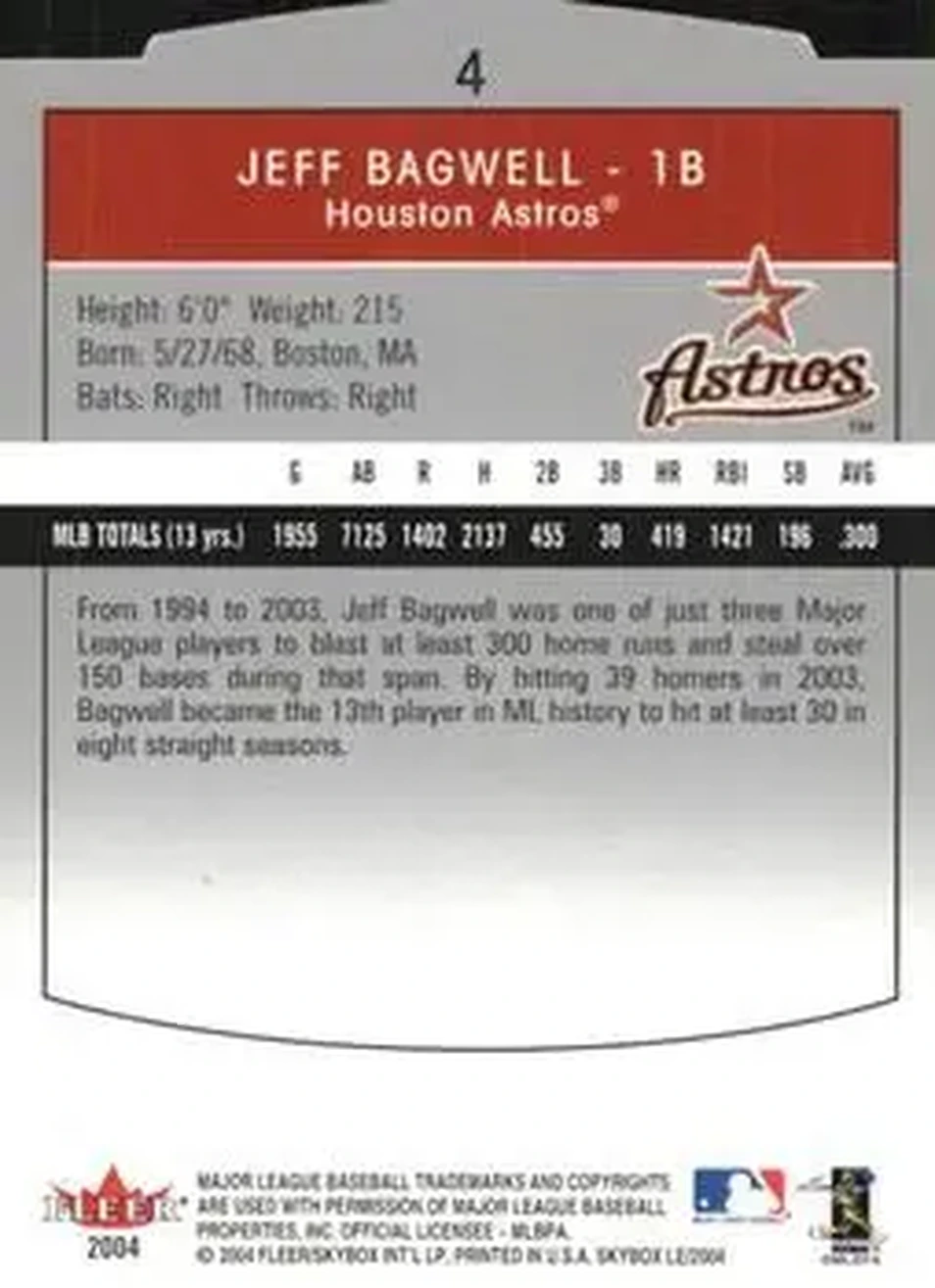2004 SkyBox LE #4 - Jeff Bagwell - Houston Astros - Back 2004 SkyBox LE #4 - Jeff Bagwell - Houston Astros - Back