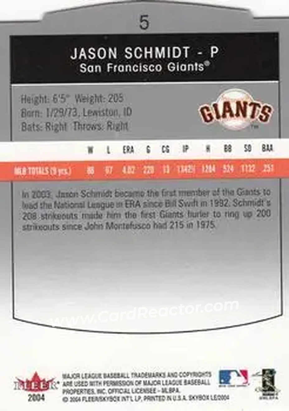2004 SkyBox LE #5 - Jason Schmidt - San Francisco Giants - Back 2004 SkyBox LE #5 - Jason Schmidt - San Francisco Giants - Back