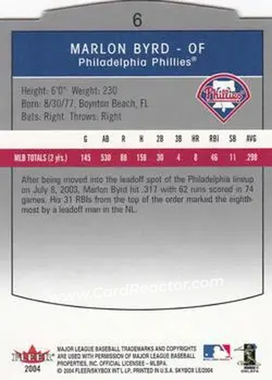 2004 SkyBox LE #6 - Marlon Byrd - Philadelphia Phillies - Back