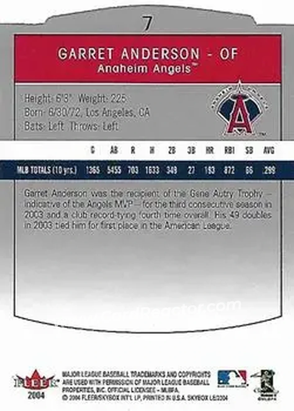 2004 SkyBox LE #7 - Garret Anderson - Anaheim Angels - Back