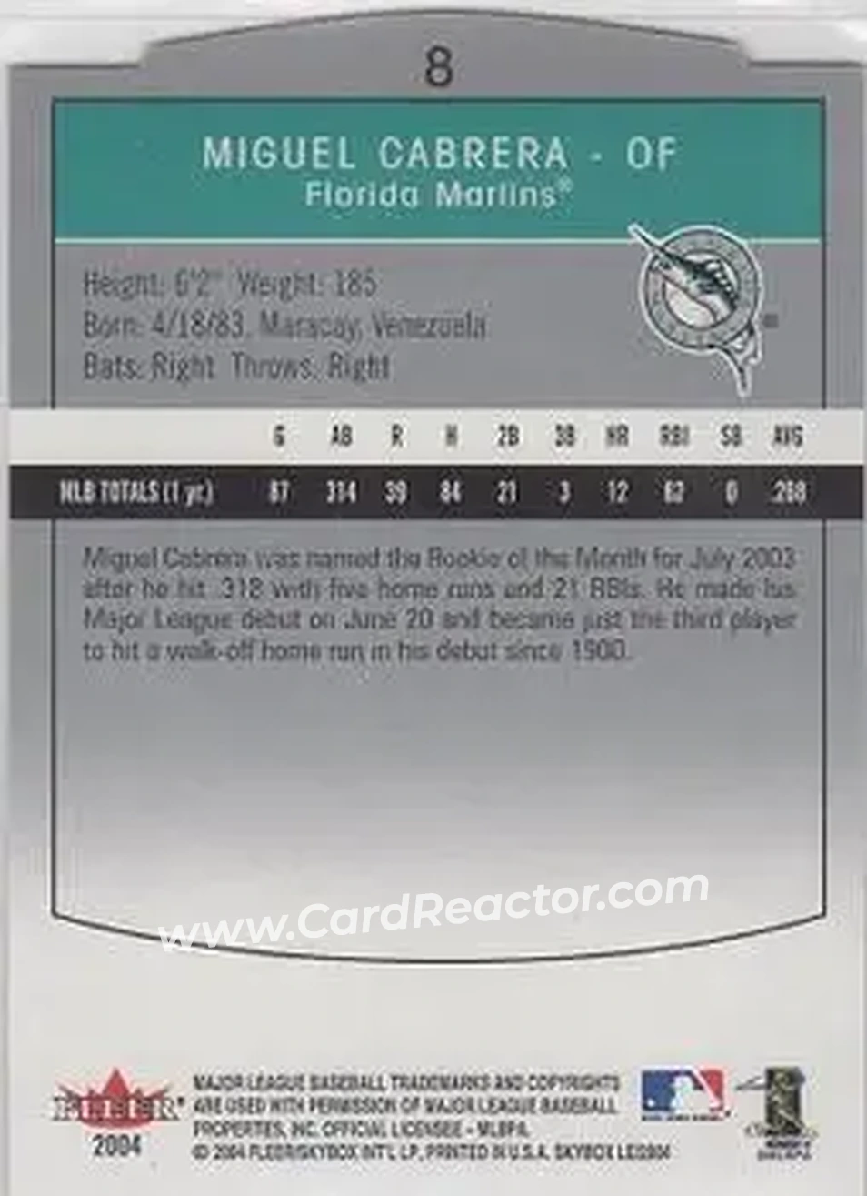 2004 SkyBox LE #8 - Miguel Cabrera - Florida Marlins - Back 2004 SkyBox LE #8 - Miguel Cabrera - Florida Marlins - Back
