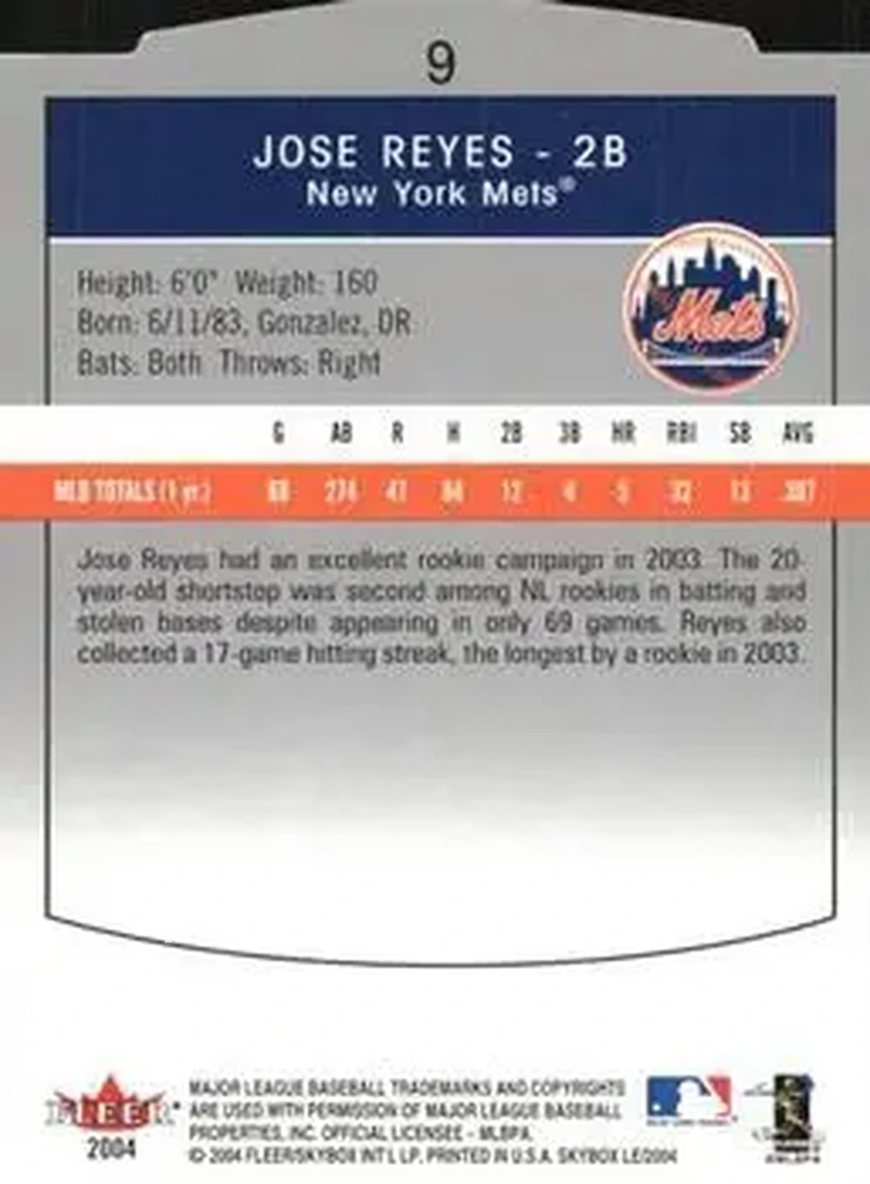 2004 SkyBox LE #9 - Jose Reyes - New York Mets - Back 2004 SkyBox LE #9 - Jose Reyes - New York Mets - Back