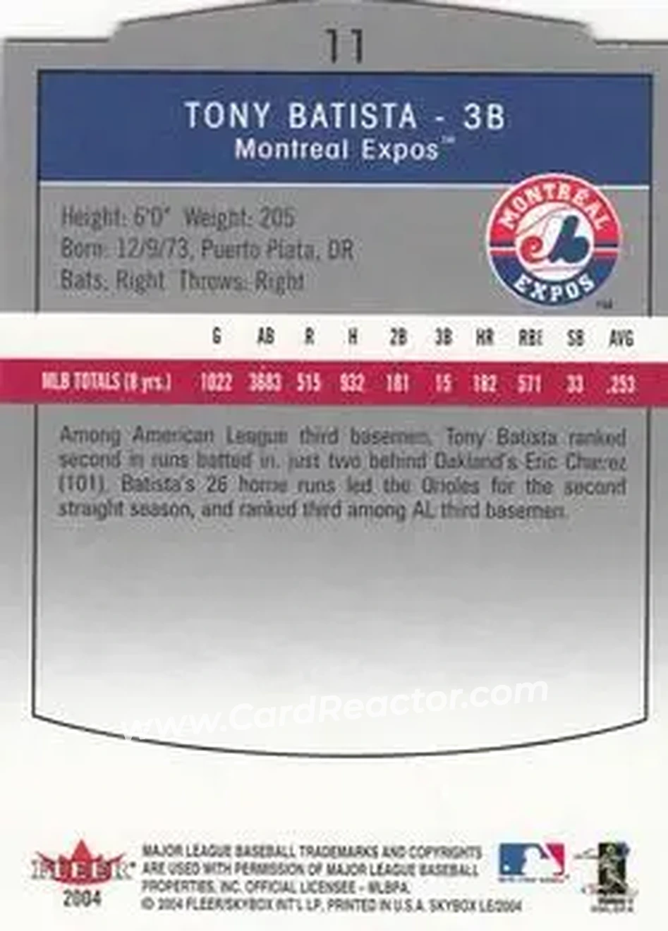 2004 SkyBox LE #11 - Tony Batista - Montreal Expos - Back 2004 SkyBox LE #11 - Tony Batista - Montreal Expos - Back