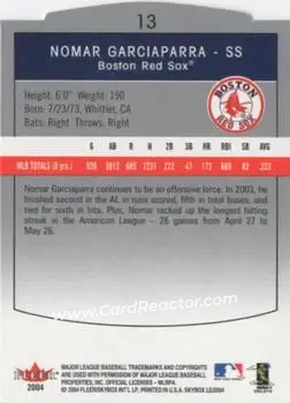 2004 SkyBox LE #13 - Nomar Garciaparra - Boston Red Sox - Back 2004 SkyBox LE #13 - Nomar Garciaparra - Boston Red Sox - Back