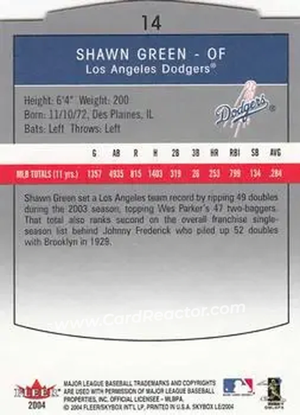 2004 SkyBox LE #14 - Shawn Green - Los Angeles Dodgers - Back 2004 SkyBox LE #14 - Shawn Green - Los Angeles Dodgers - Back