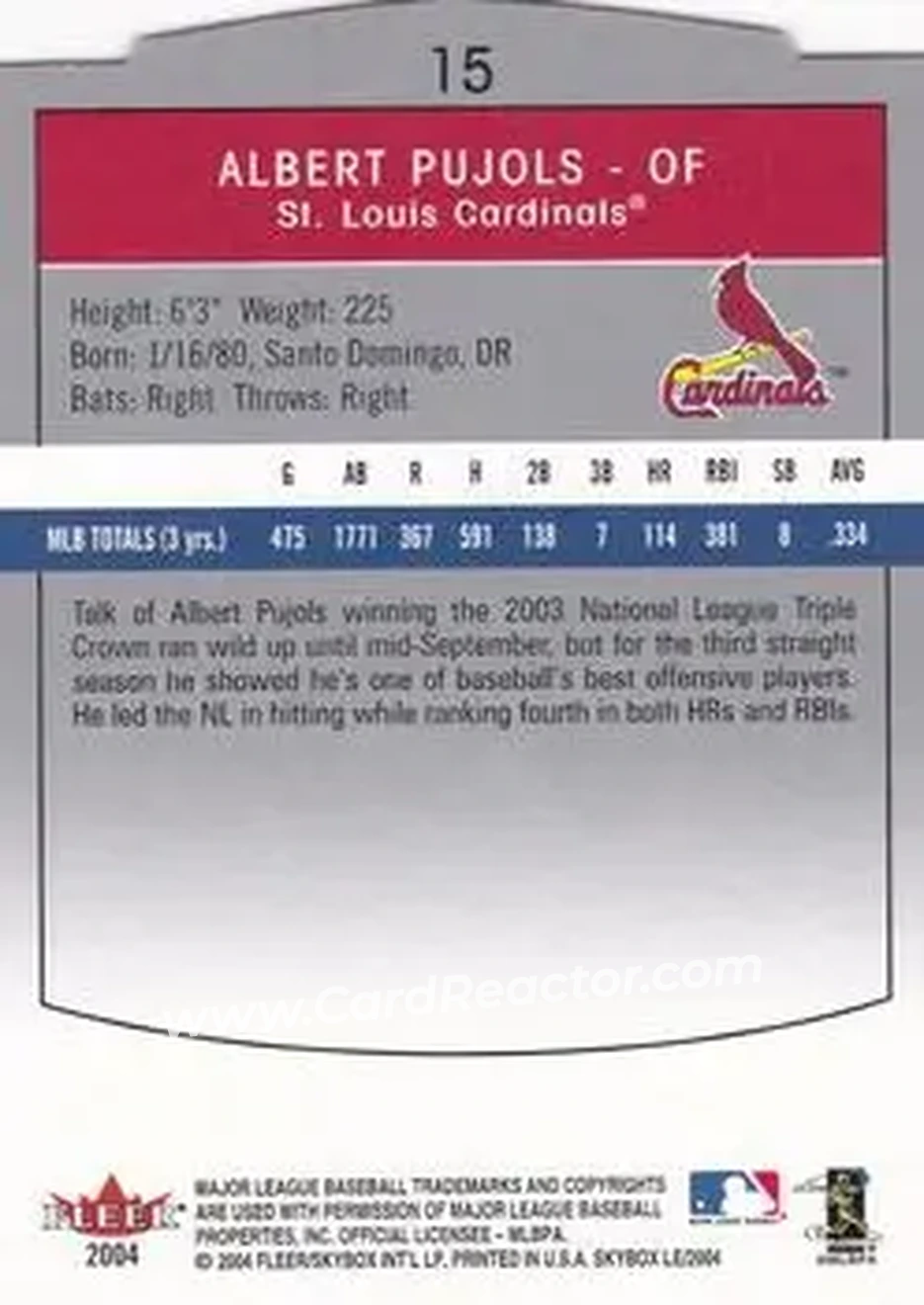 2004 SkyBox LE #15 - Albert Pujols - St. Louis Cardinals - Back