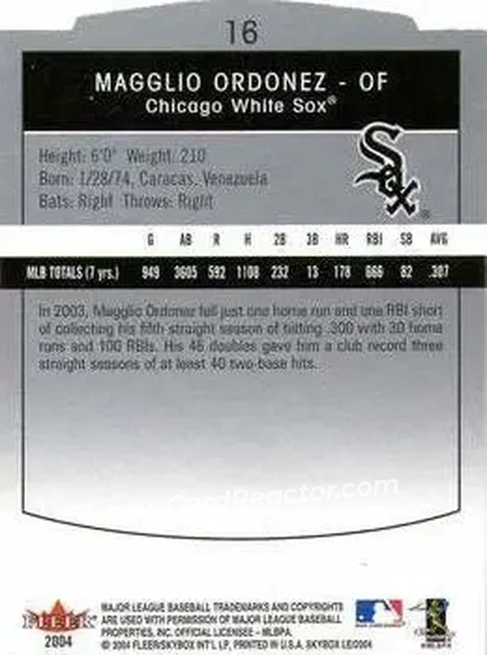 2004 SkyBox LE #16 - Magglio Ordonez - Chicago White Sox - Back 2004 SkyBox LE #16 - Magglio Ordonez - Chicago White Sox - Back