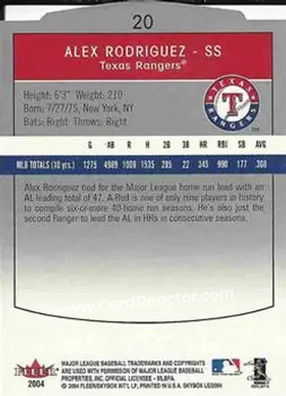 2004 SkyBox LE #20 - Alex Rodriguez - Texas Rangers - Back 2004 SkyBox LE #20 - Alex Rodriguez - Texas Rangers - Back