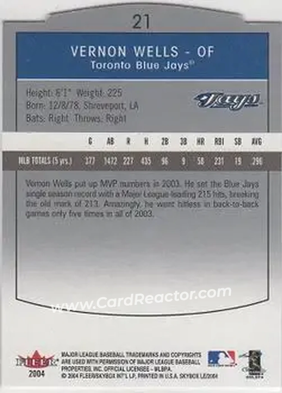 2004 SkyBox LE #21 - Vernon Wells - Toronto Blue Jays - Back