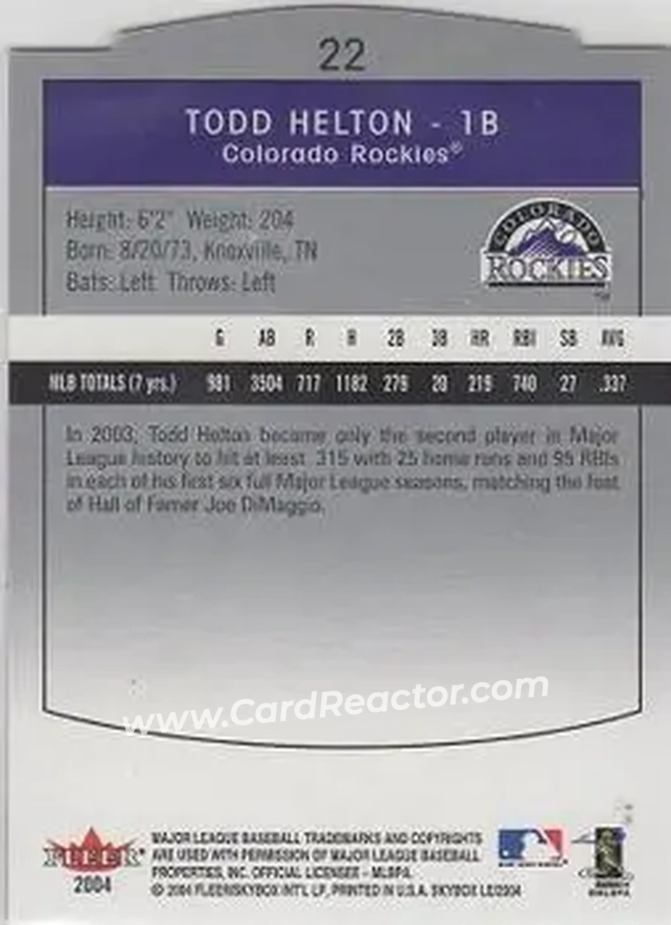 2004 SkyBox LE #22 - Todd Helton - Colorado Rockies - Back 2004 SkyBox LE #22 - Todd Helton - Colorado Rockies - Back