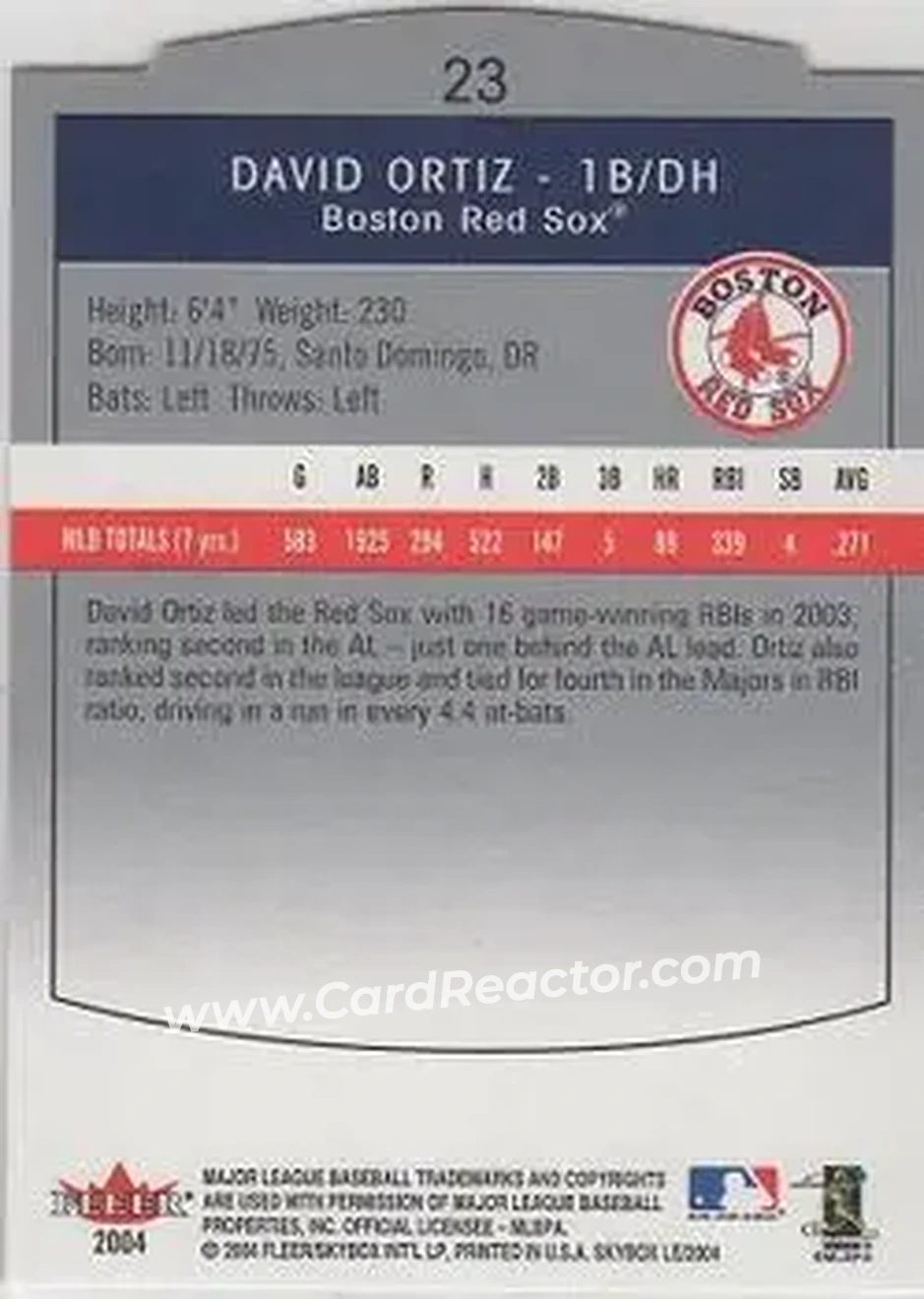 2004 SkyBox LE #23 - David Ortiz - Boston Red Sox - Back 2004 SkyBox LE #23 - David Ortiz - Boston Red Sox - Back