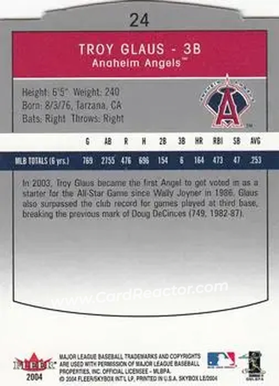 2004 SkyBox LE #24 - Troy Glaus - Anaheim Angels - Back 2004 SkyBox LE #24 - Troy Glaus - Anaheim Angels - Back