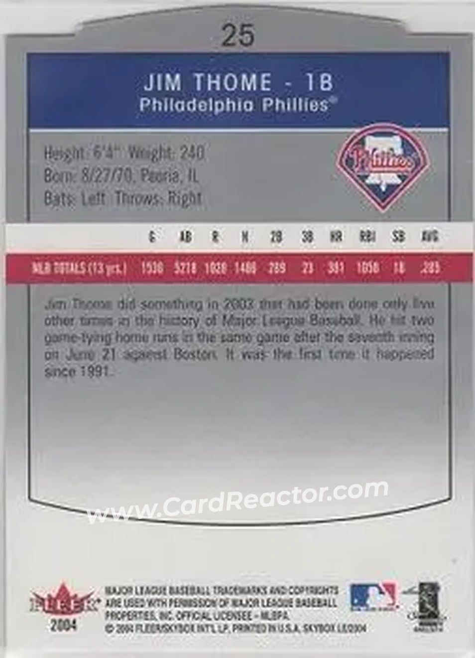 2004 SkyBox LE #25 - Jim Thome - Philadelphia Phillies - Back 2004 SkyBox LE #25 - Jim Thome - Philadelphia Phillies - Back