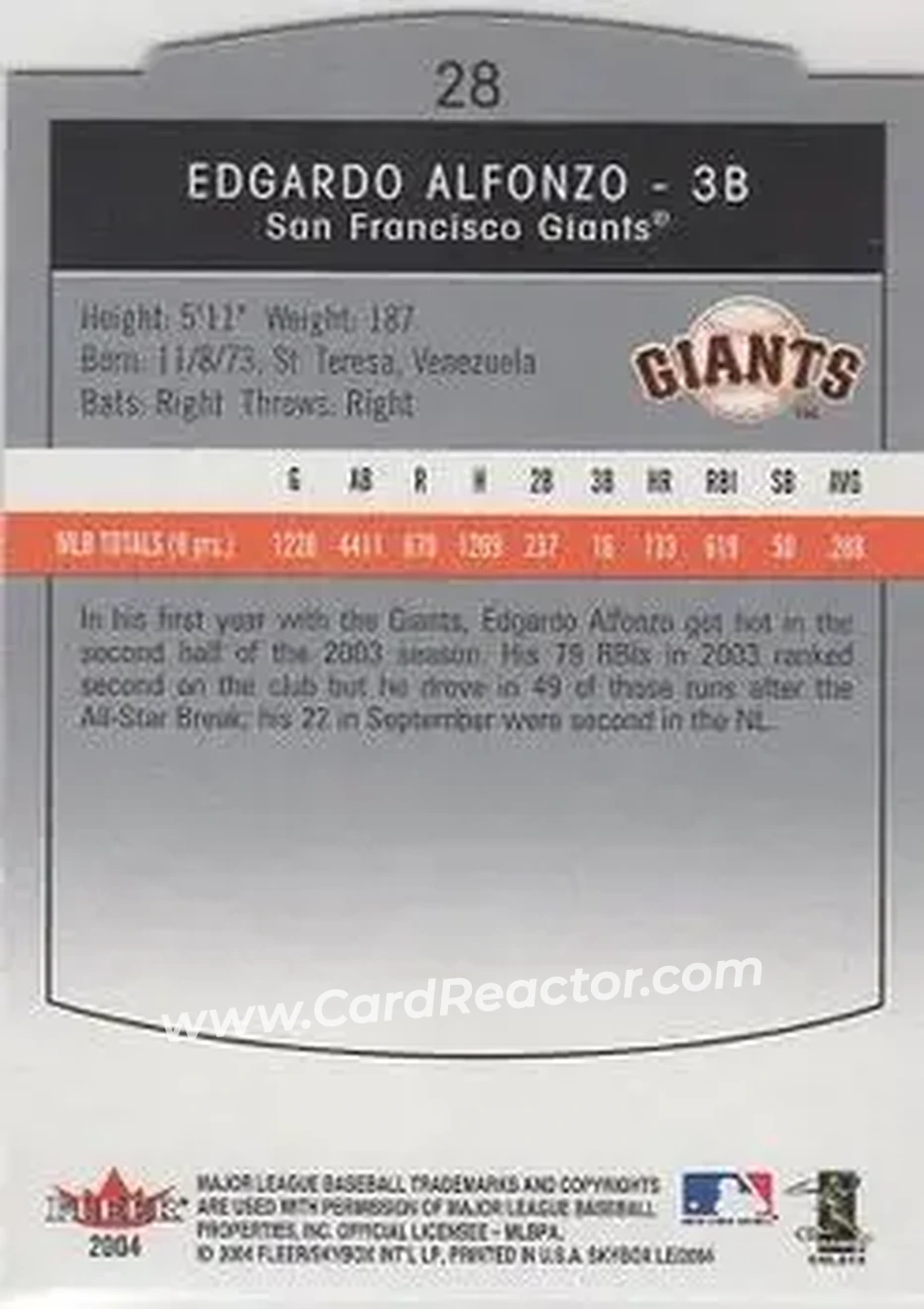 2004 SkyBox LE #28 - Edgardo Alfonzo - San Francisco Giants - Back