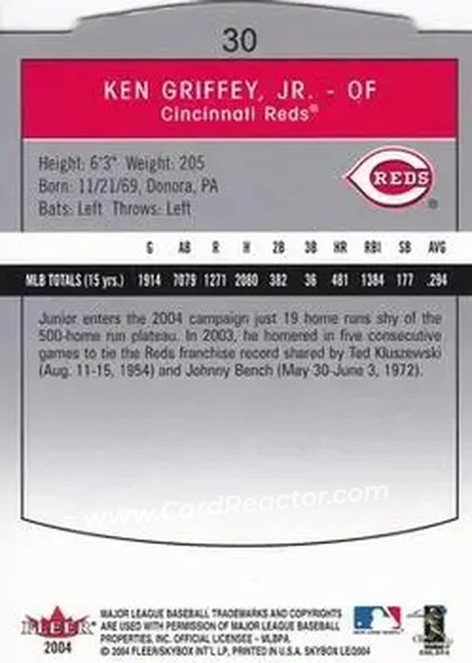 2004 SkyBox LE #30 - Ken Griffey Jr. - Cincinnati Reds - Back