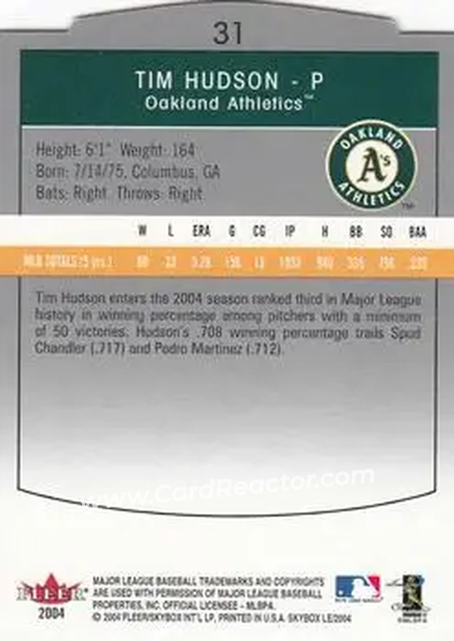 2004 SkyBox LE #31 - Tim Hudson - Oakland Athletics - Back 2004 SkyBox LE #31 - Tim Hudson - Oakland Athletics - Back