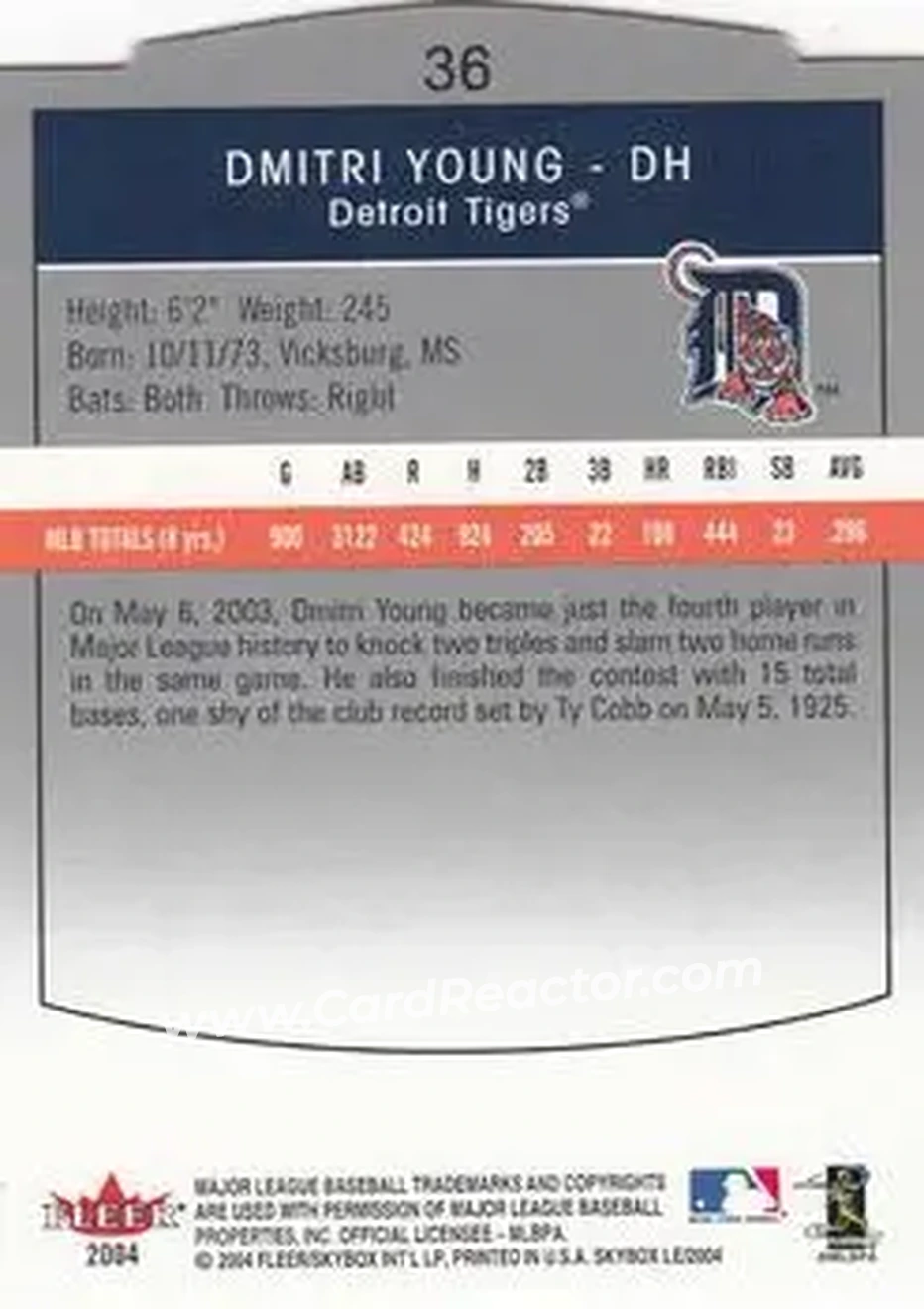 2004 SkyBox LE #36 - Dmitri Young - Detroit Tigers - Back