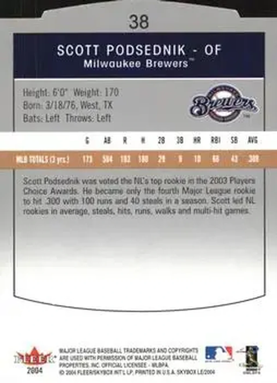 2004 SkyBox LE #38 - Scott Podsednik - Milwaukee Brewers - Back 2004 SkyBox LE #38 - Scott Podsednik - Milwaukee Brewers - Back