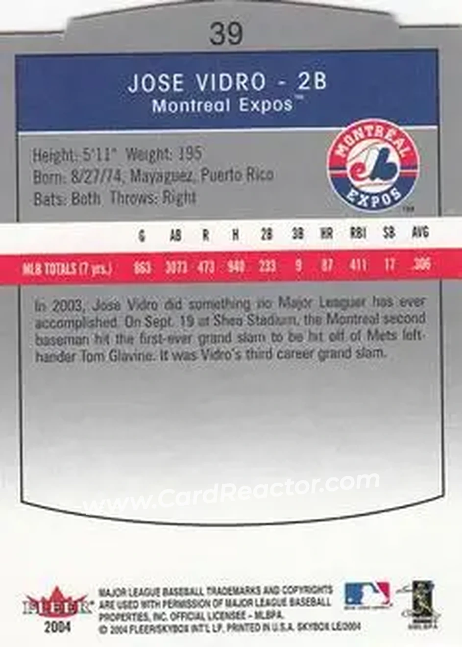 2004 SkyBox LE #39 - Jose Vidro - Montreal Expos - Back