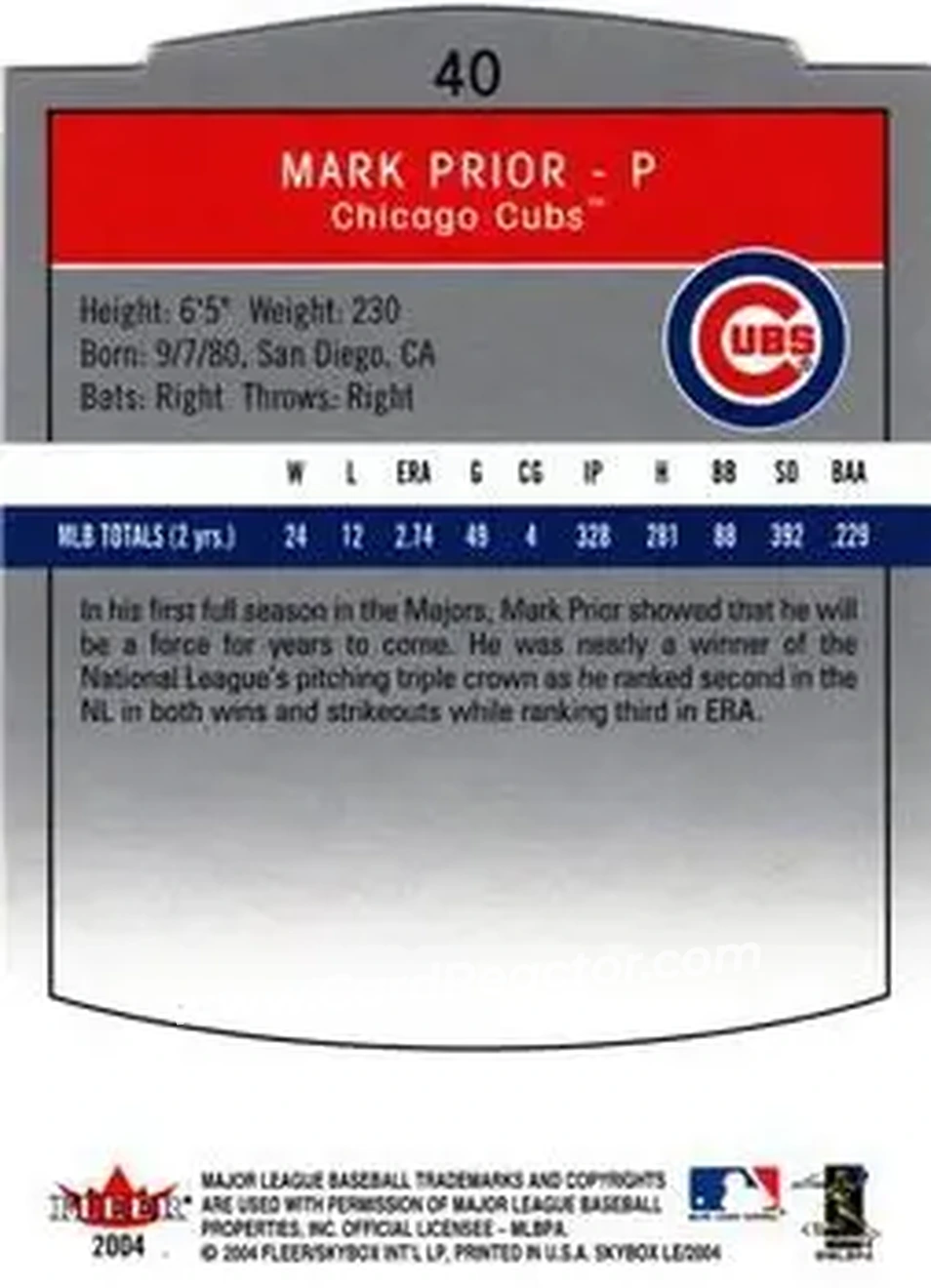 2004 SkyBox LE #40 - Mark Prior - Chicago Cubs - Back 2004 SkyBox LE #40 - Mark Prior - Chicago Cubs - Back