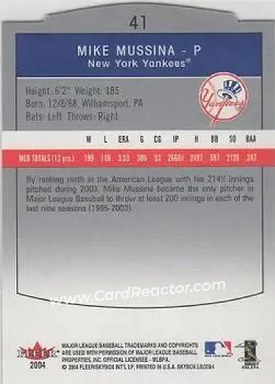 2004 SkyBox LE #41 - Mike Mussina - New York Yankees - Back