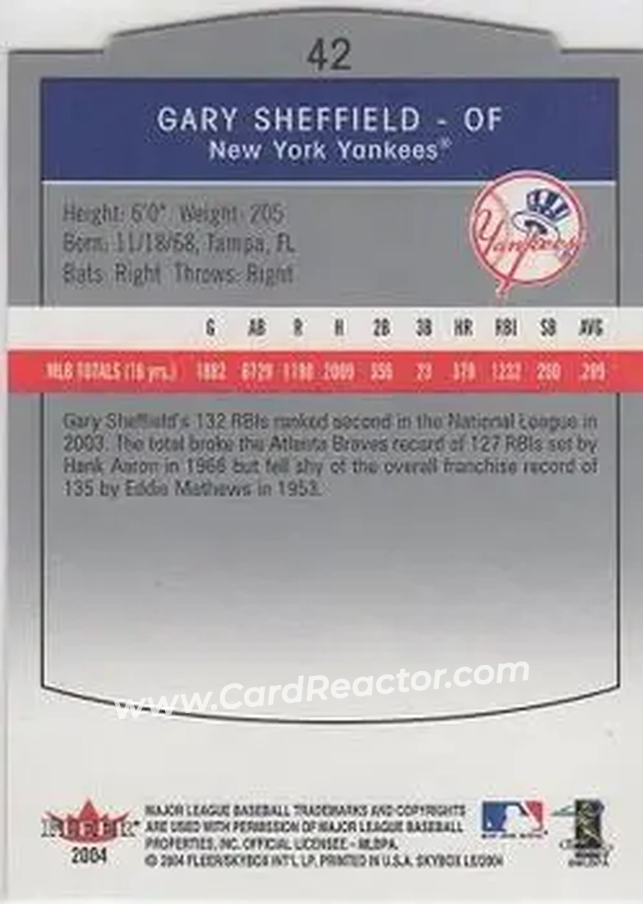 2004 SkyBox LE #42 - Gary Sheffield - New York Yankees - Back