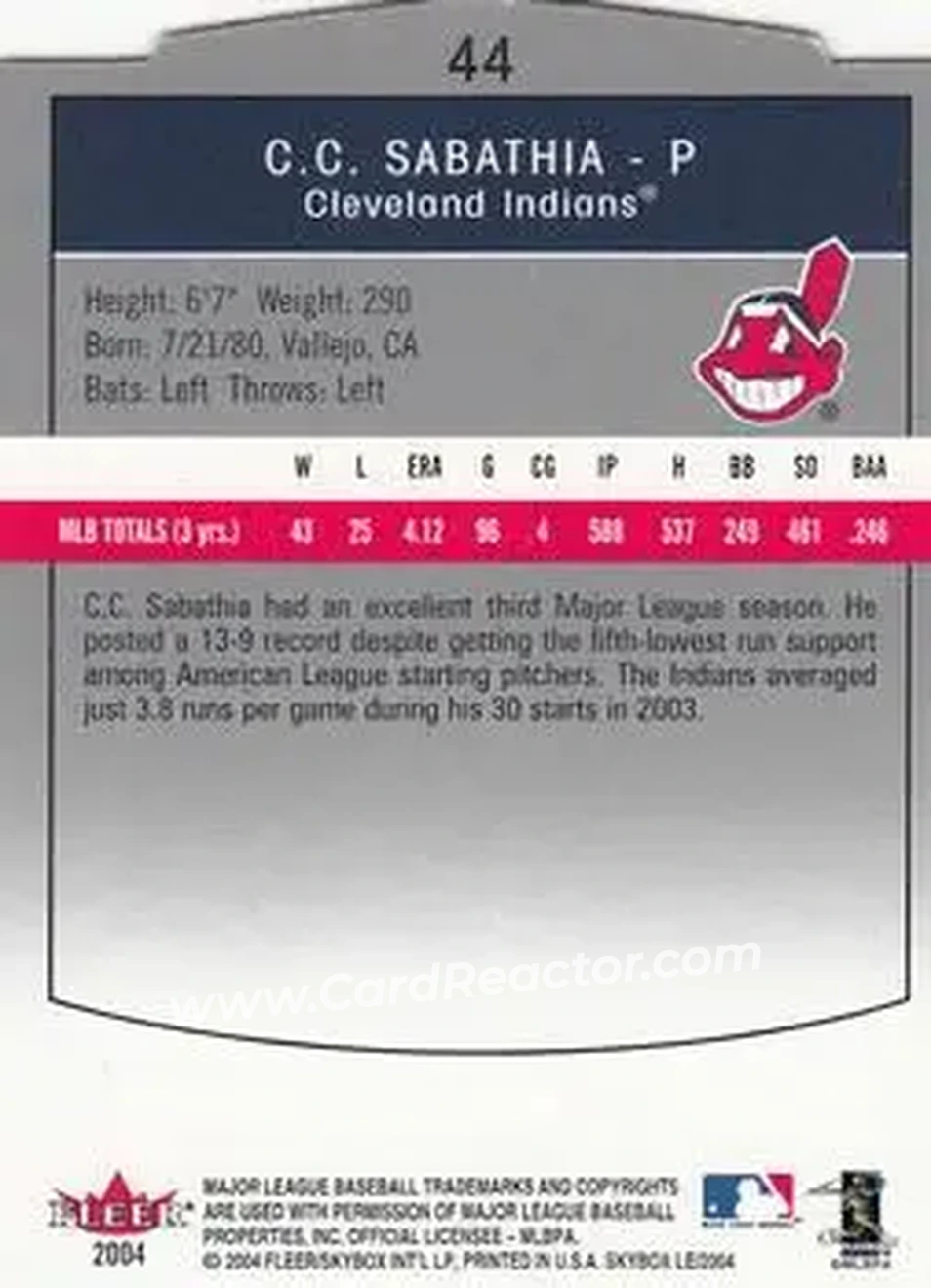 2004 SkyBox LE #44 - CC Sabathia - Cleveland Indians - Back