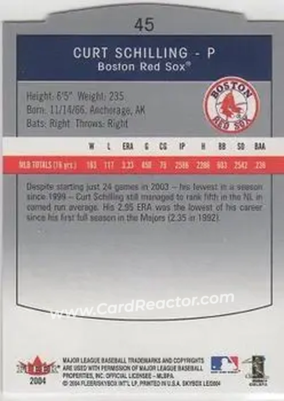2004 SkyBox LE #45 - Curt Schilling - Boston Red Sox - Back 2004 SkyBox LE #45 - Curt Schilling - Boston Red Sox - Back