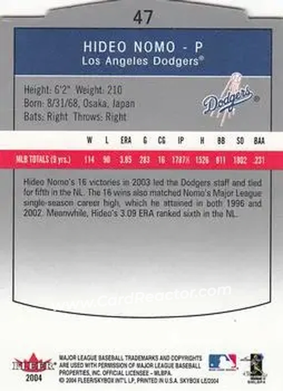 2004 SkyBox LE #47 - Hideo Nomo - Los Angeles Dodgers - Back