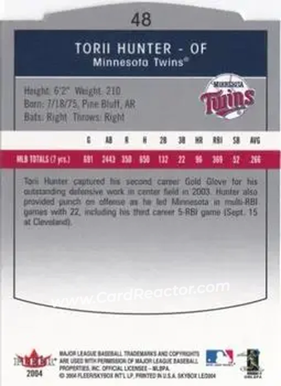 2004 SkyBox LE #48 - Torii Hunter - Minnesota Twins - Back