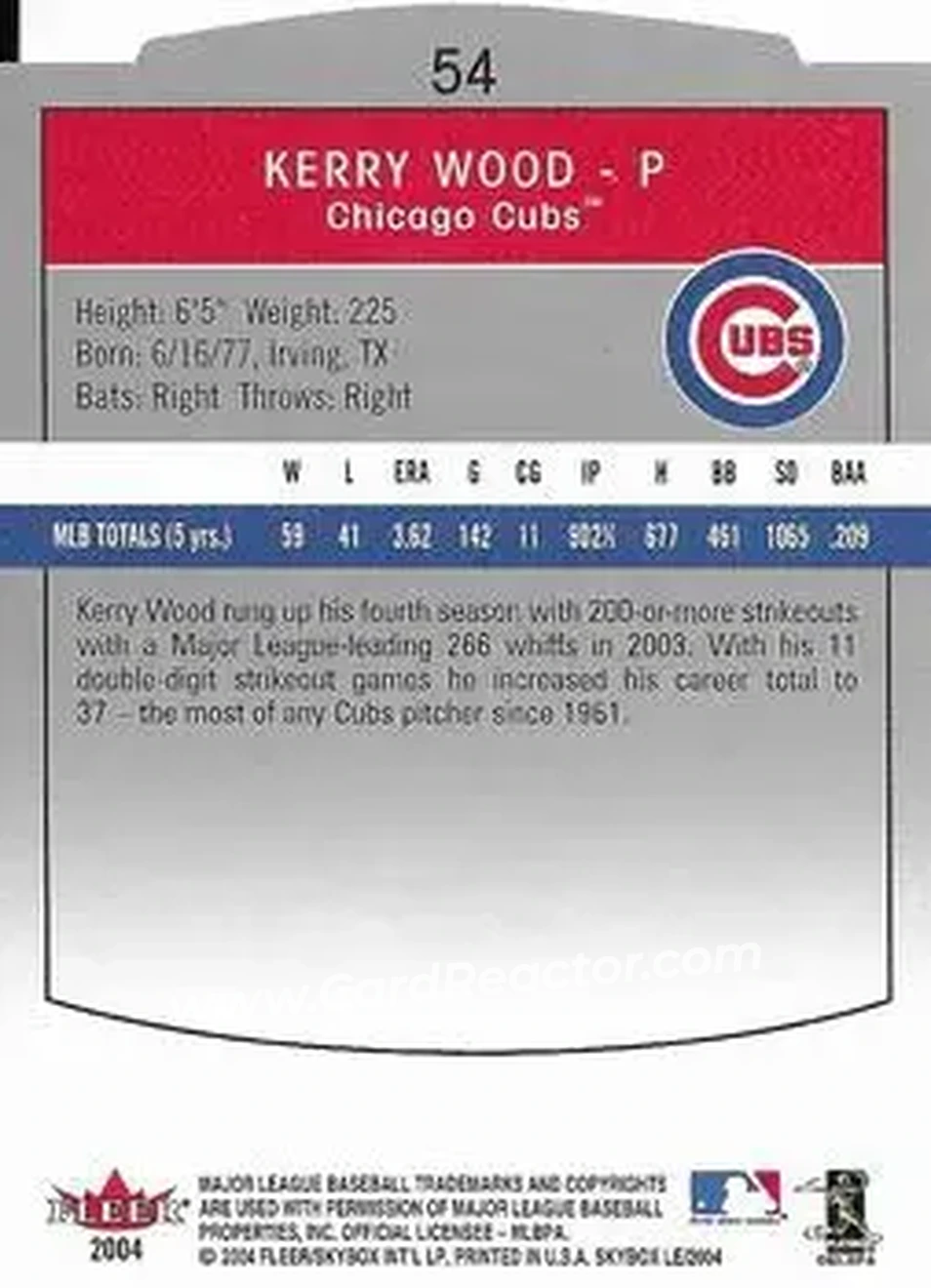 2004 SkyBox LE #54 - Kerry Wood - Chicago Cubs - Back 2004 SkyBox LE #54 - Kerry Wood - Chicago Cubs - Back