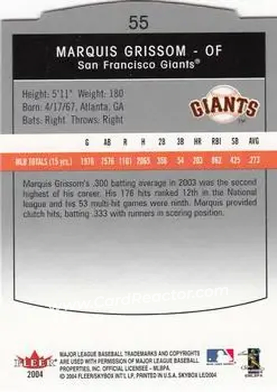 2004 SkyBox LE #55 - Marquis Grissom - San Francisco Giants - Back