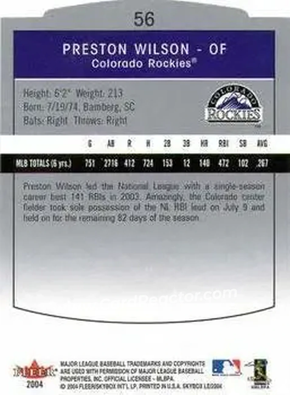 2004 SkyBox LE #56 - Preston Wilson - Colorado Rockies - Back