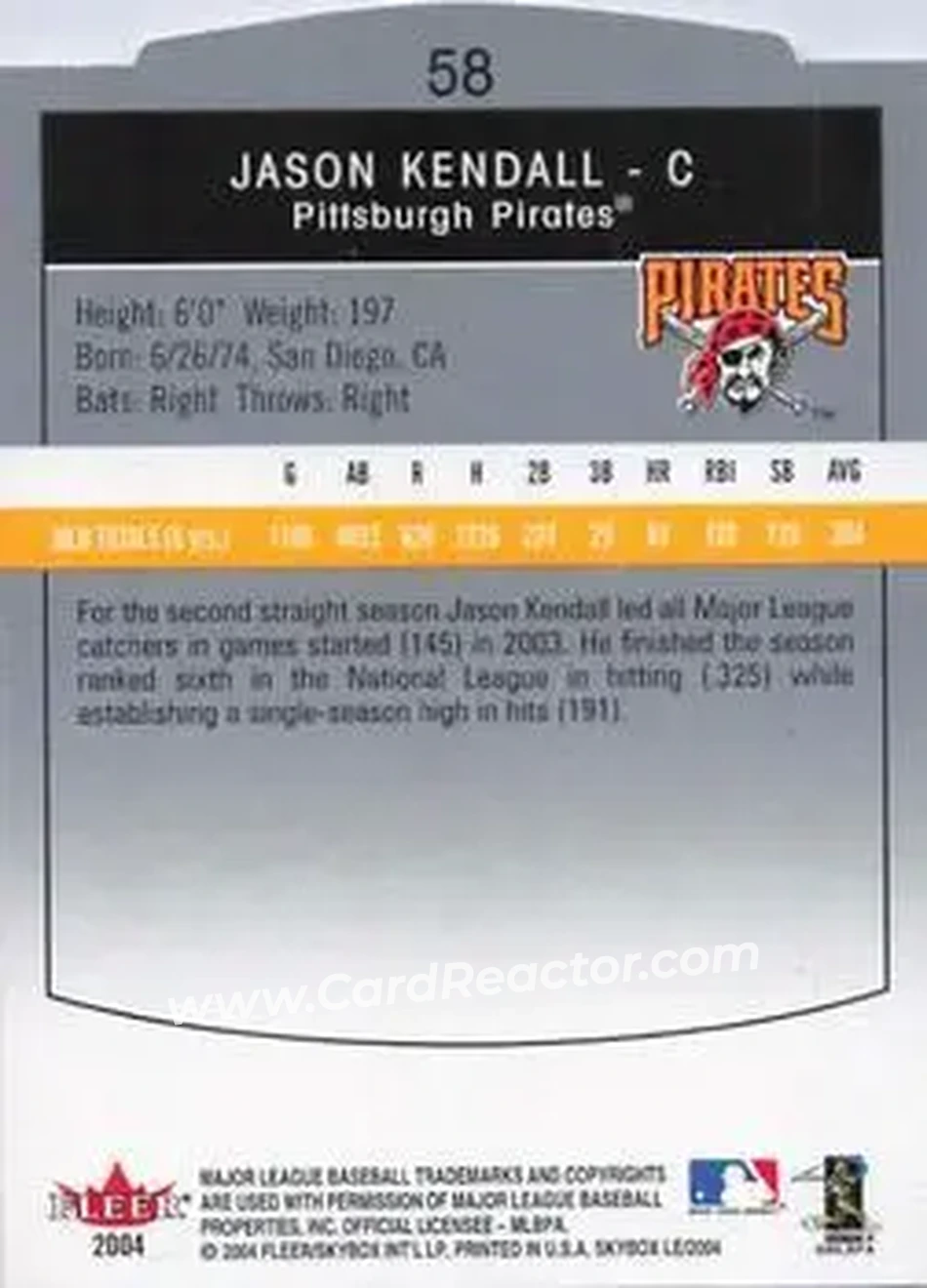 2004 SkyBox LE #58 - Jason Kendall - Pittsburgh Pirates - Back