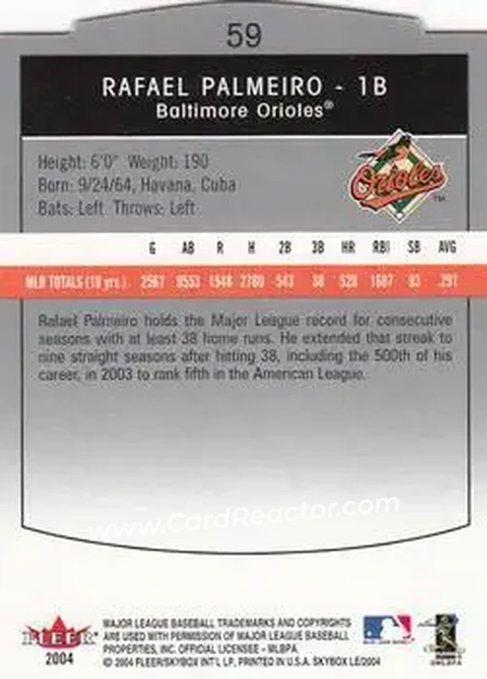 2004 SkyBox LE #59 - Rafael Palmeiro - Baltimore Orioles - Back 2004 SkyBox LE #59 - Rafael Palmeiro - Baltimore Orioles - Back