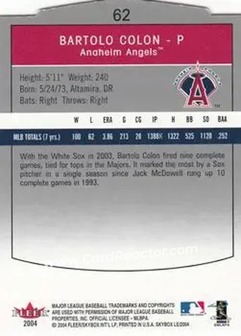 2004 SkyBox LE #62 - Bartolo Colon - Anaheim Angels - Back 2004 SkyBox LE #62 - Bartolo Colon - Anaheim Angels - Back