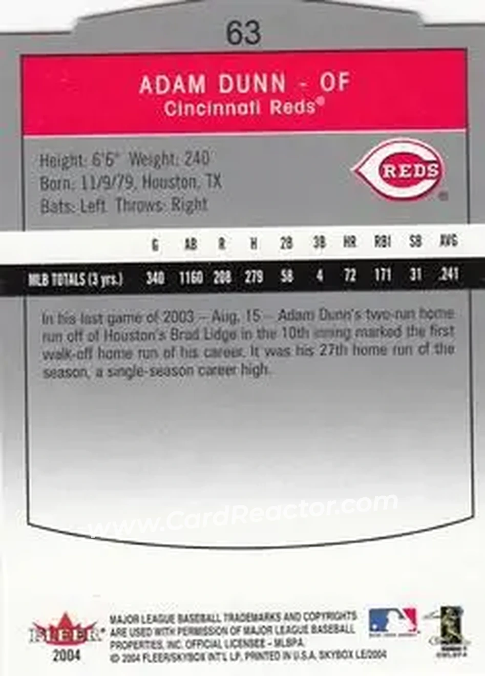 2004 SkyBox LE #63 - Adam Dunn - Cincinnati Reds - Back 2004 SkyBox LE #63 - Adam Dunn - Cincinnati Reds - Back