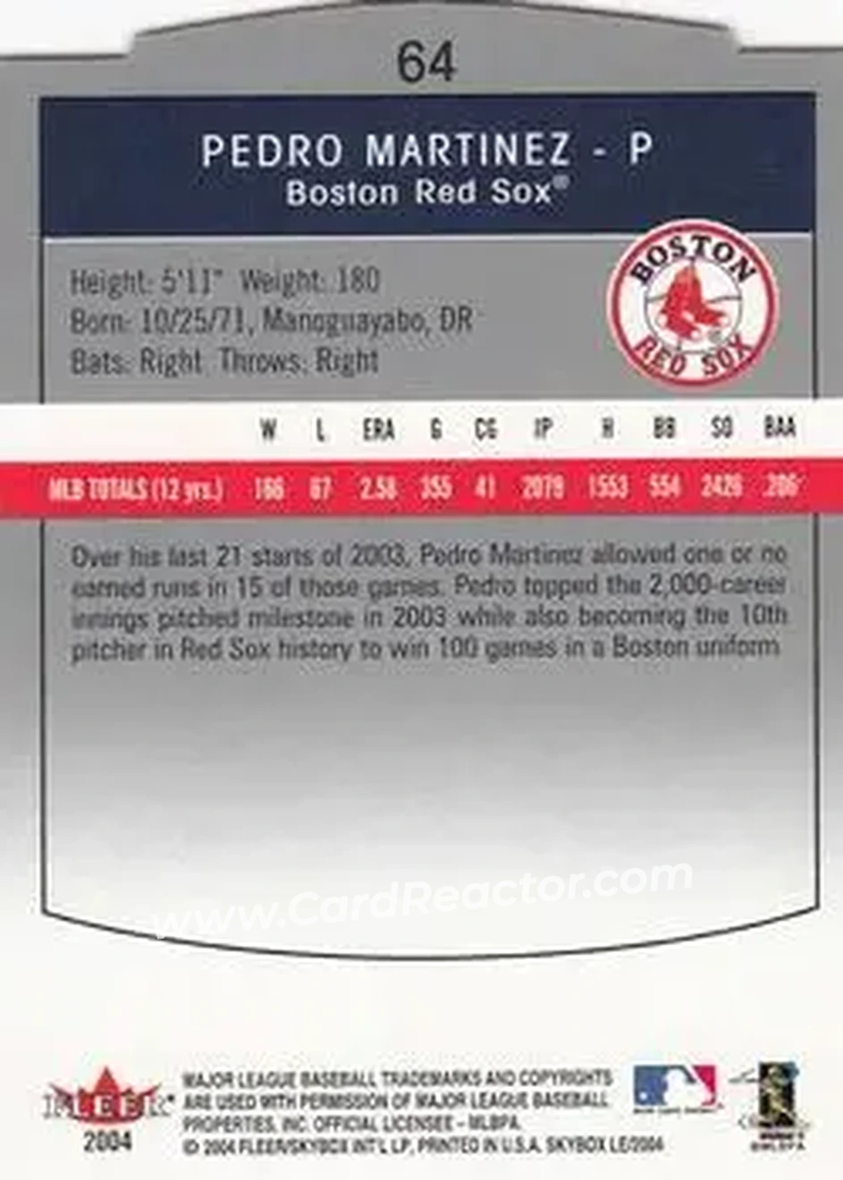 2004 SkyBox LE #64 - Pedro Martinez - Boston Red Sox - Back 2004 SkyBox LE #64 - Pedro Martinez - Boston Red Sox - Back