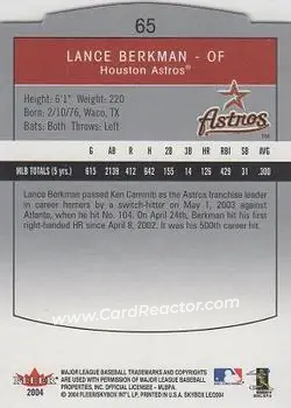 2004 SkyBox LE #65 - Lance Berkman - Houston Astros - Back
