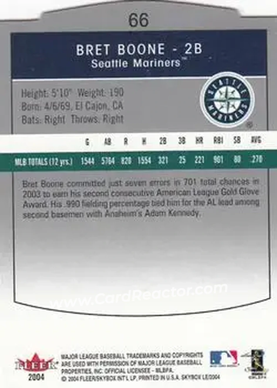 2004 SkyBox LE #66 - Bret Boone - Seattle Mariners - Back