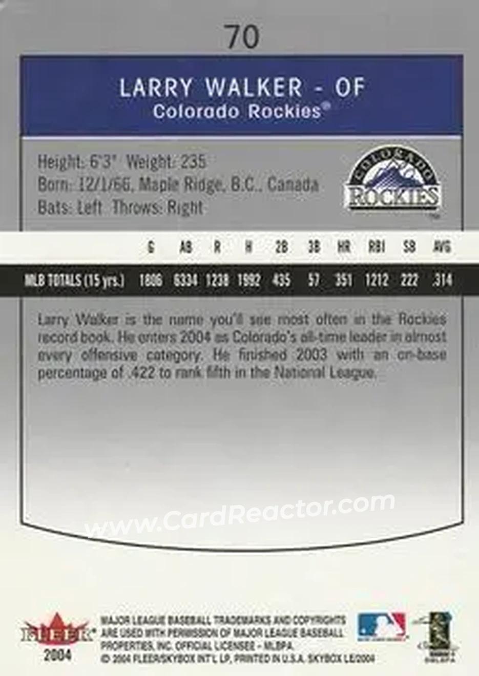 2004 SkyBox LE #70 - Larry Walker - Colorado Rockies - Back