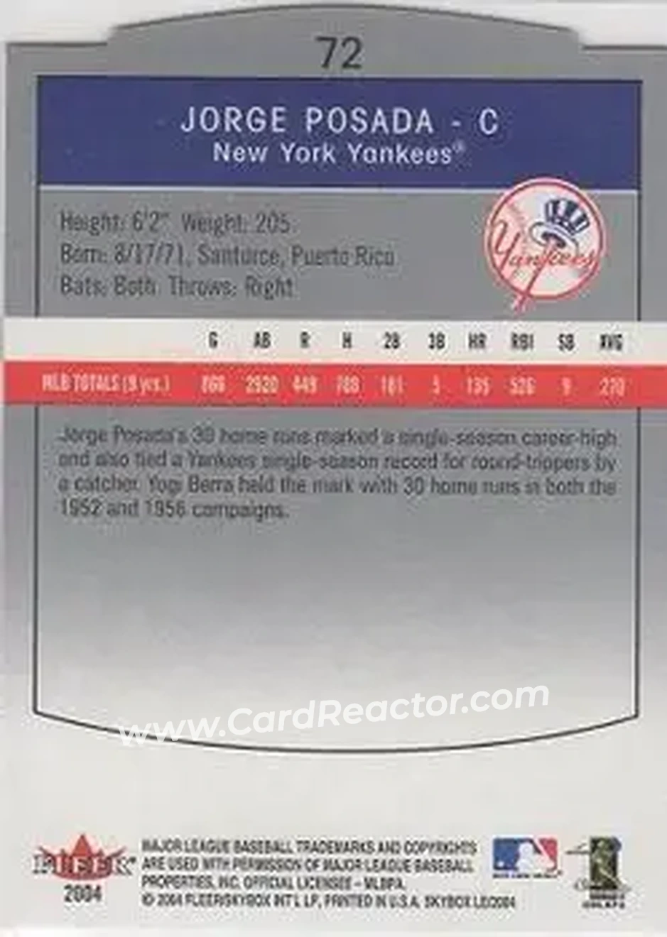 2004 SkyBox LE #72 - Jorge Posada - New York Yankees - Back