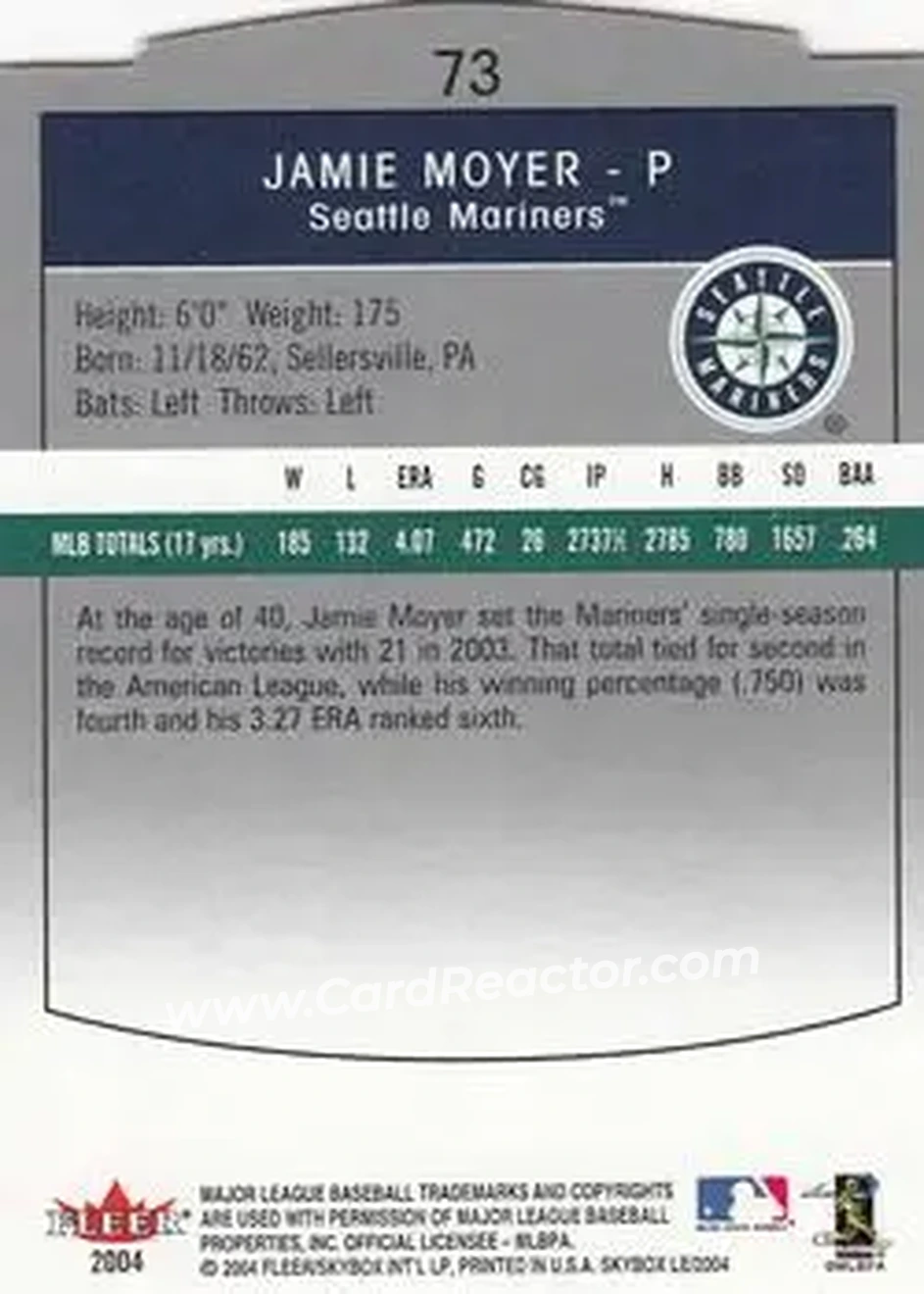 2004 SkyBox LE #73 - Jamie Moyer - Seattle Mariners - Back 2004 SkyBox LE #73 - Jamie Moyer - Seattle Mariners - Back