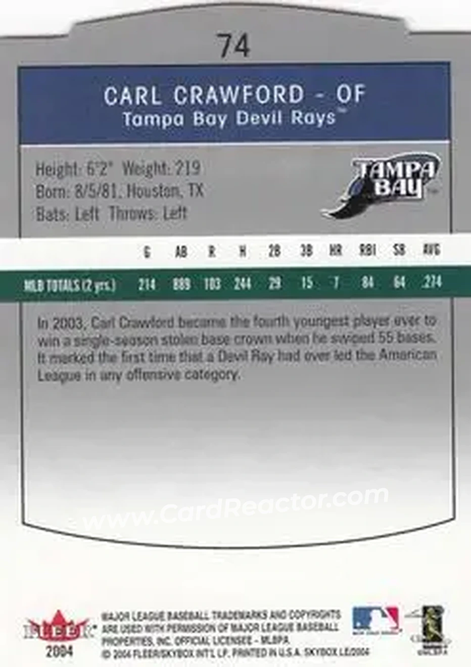 2004 SkyBox LE #74 - Carl Crawford - Tampa Bay Devil Rays - Back