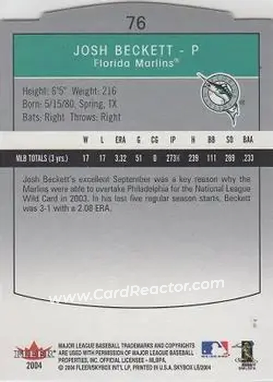 2004 SkyBox LE #76 - Josh Beckett - Florida Marlins - Back