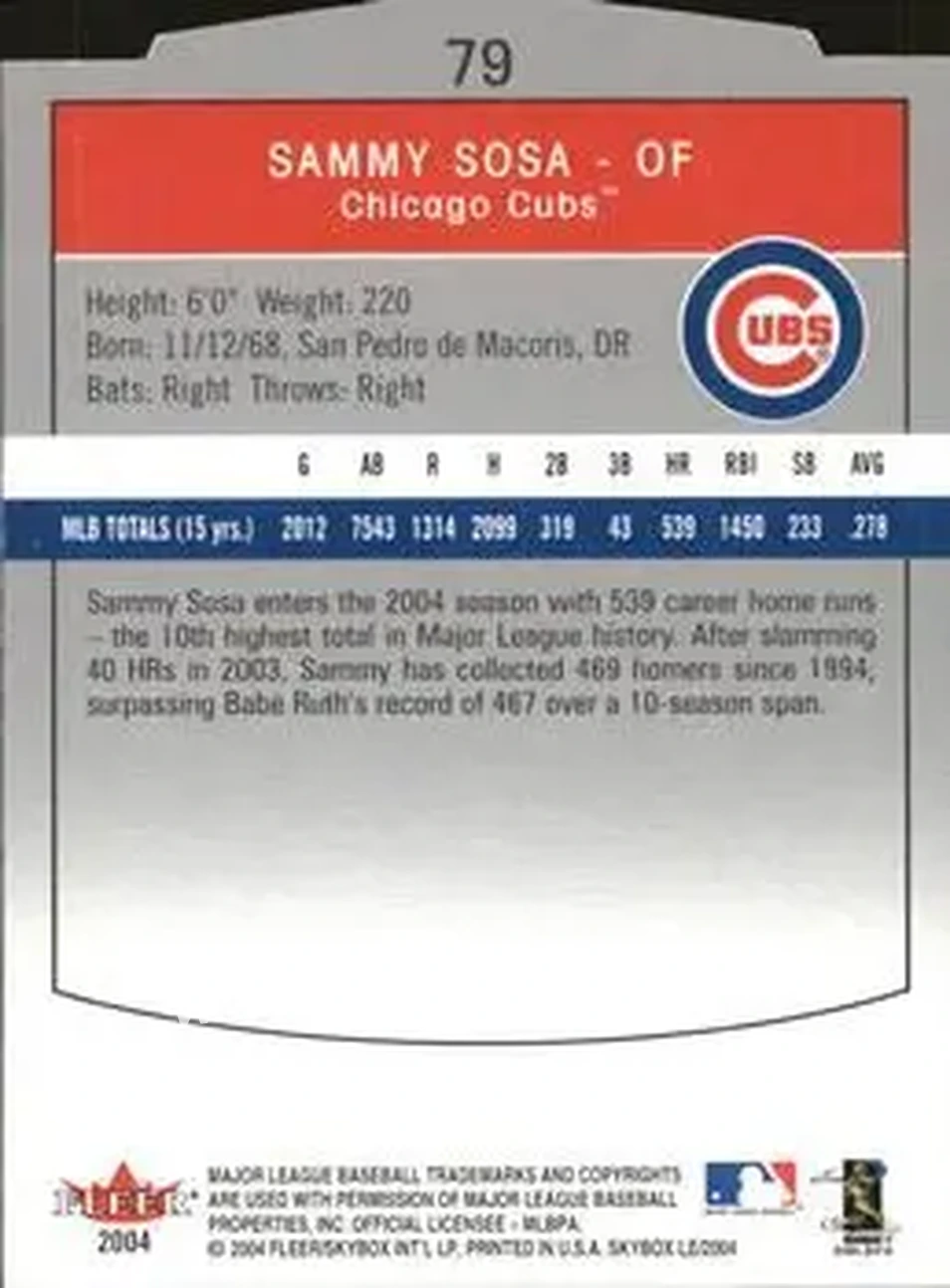 2004 SkyBox LE #79 - Sammy Sosa - Chicago Cubs - Back