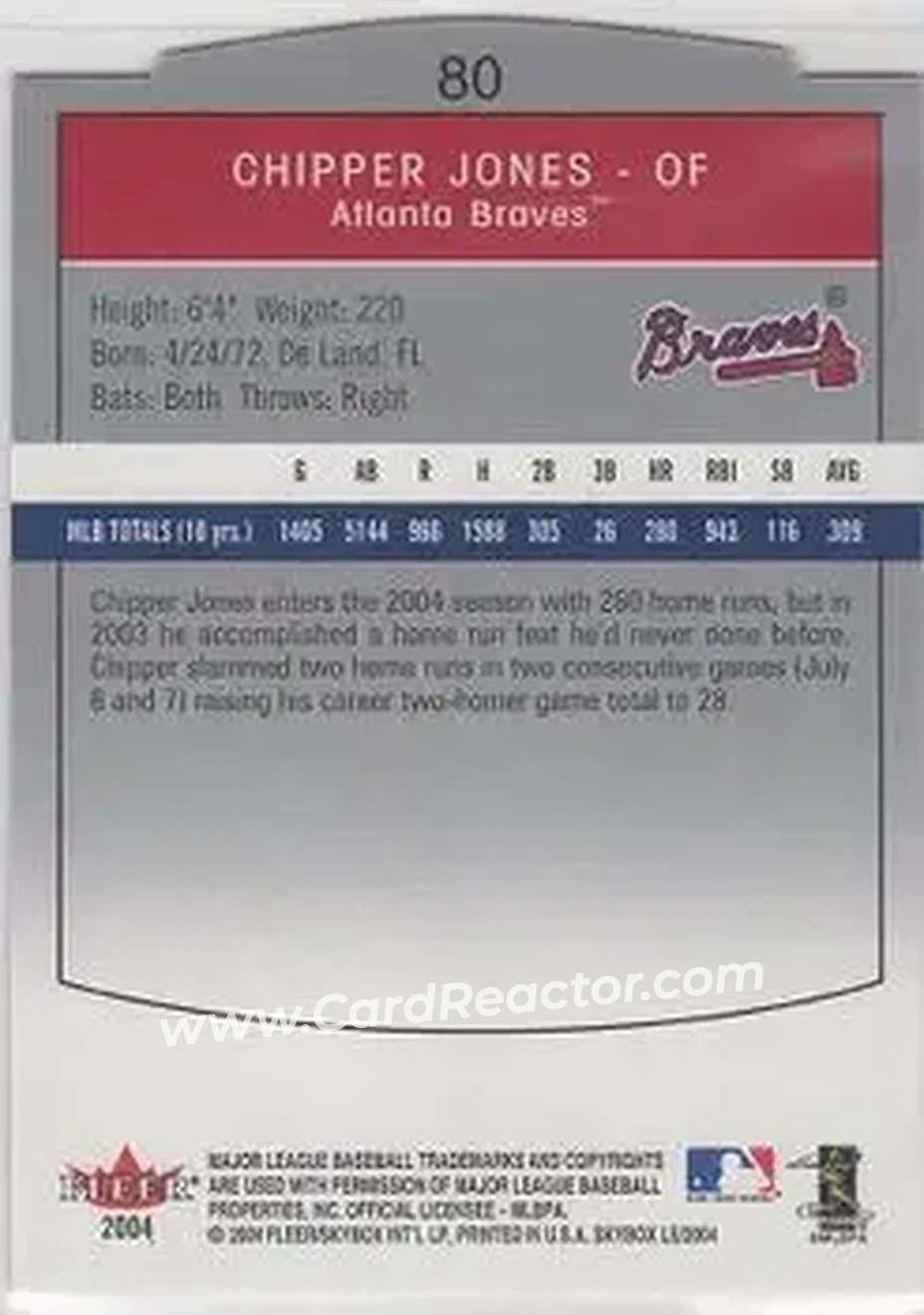 2004 SkyBox LE #80 - Chipper Jones - Atlanta Braves - Back